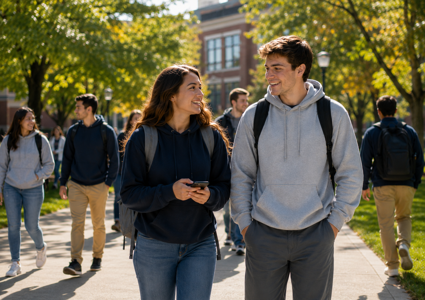 Students walking together on a college campus, representing community engagement and connection through a modern student portal.