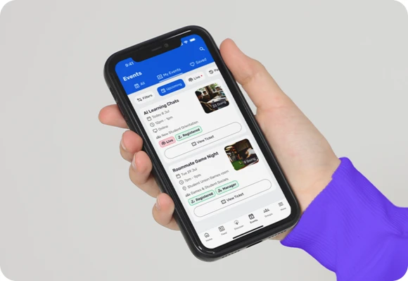 Screenshot of the mobile app showing the events section module