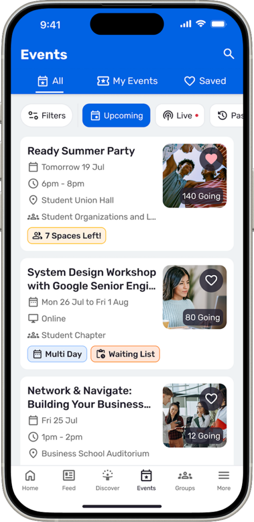 Centralized communications and upcoming events listing