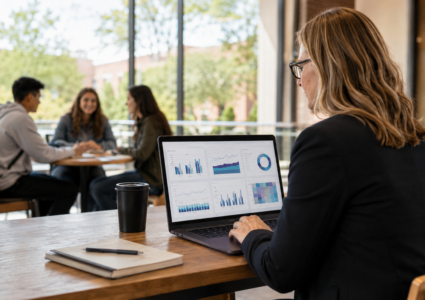 Higher education administrator reviewing student engagement analytics on a laptop in a campus setting