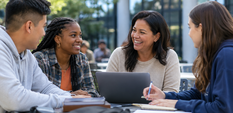 A diverse group of community college students talking together at a table on campus with a laptop and notebooks.