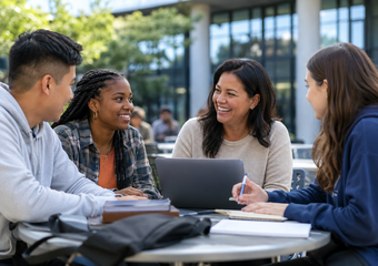 A diverse group of community college students talking together at a table on campus with a laptop and notebooks.