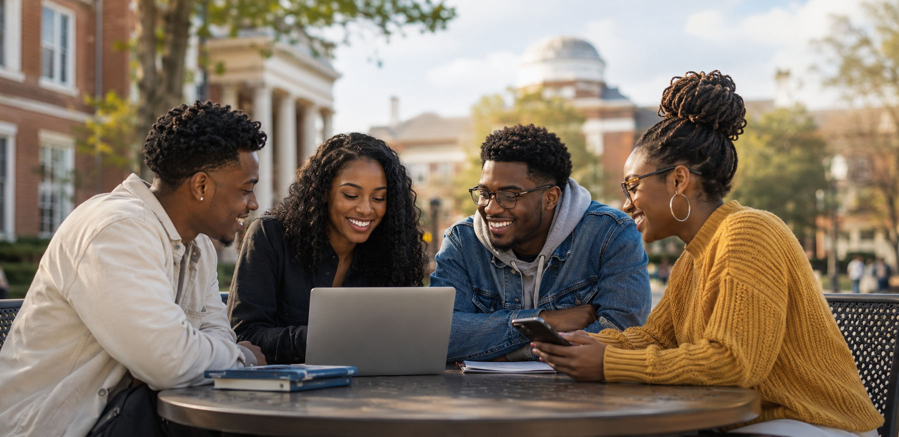 HBCU students reviewing information together on a laptop in a campus setting.