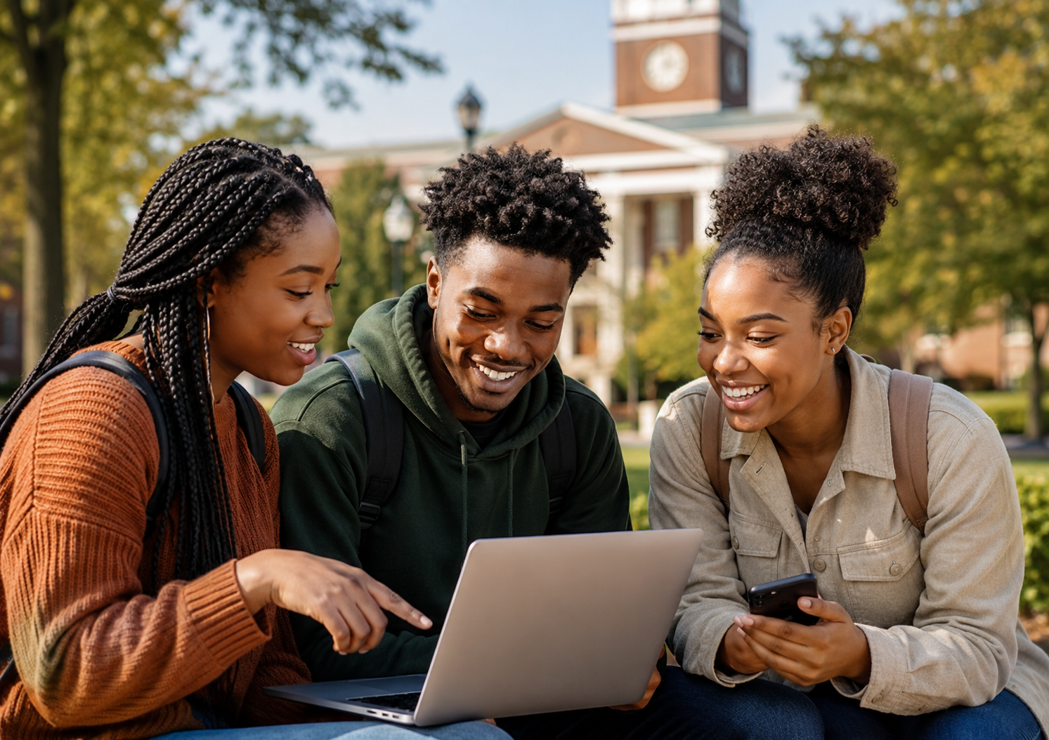 HBCU students reviewing information together on a laptop in a campus setting.