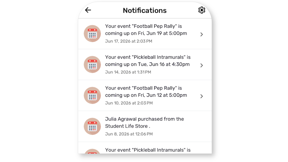 In-app notification feature of CampusGroups student communication software.