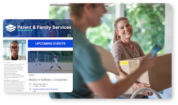 A parent and her college son moving into a dorm, overlaid with screenshots of branded communication features of CampusGroups student communication software