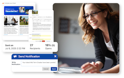 A campus administrator using a laptop, overlaid with screenshots of Email Builder features of CampusGroups student communication software
