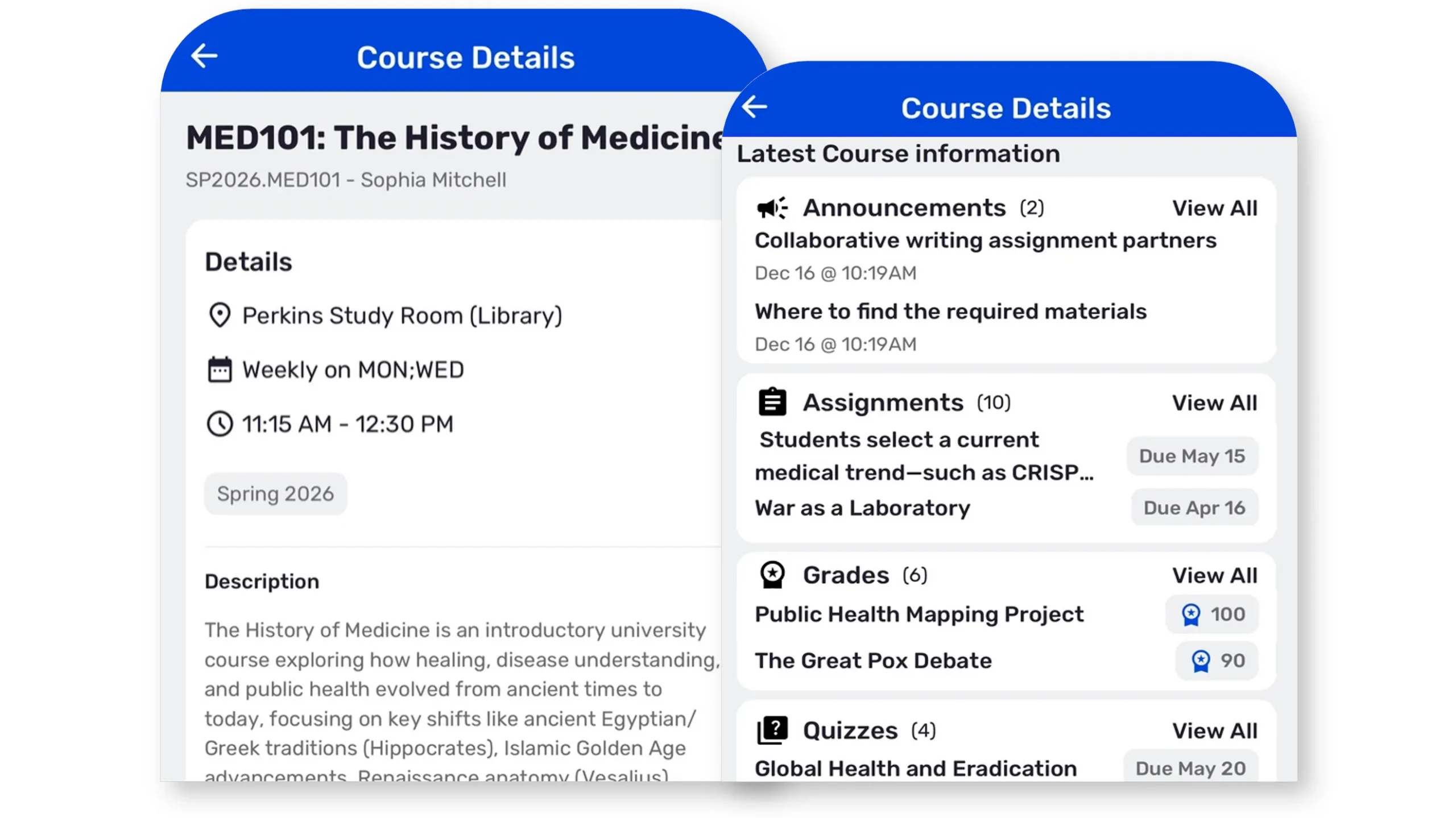 Screenshot of Ready Education CampusGroups Integrated University Student Dashboard My Courses capabilities