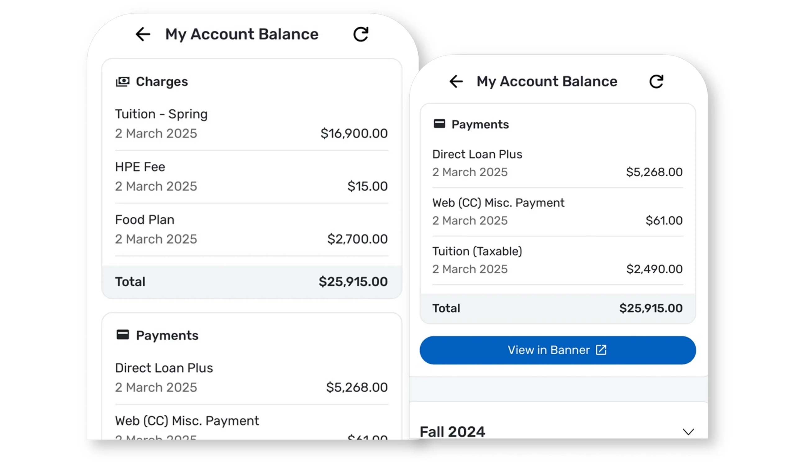 Screenshot of Ready Education CampusGroups Integrated University Student Dashboard - My Finances capabilities