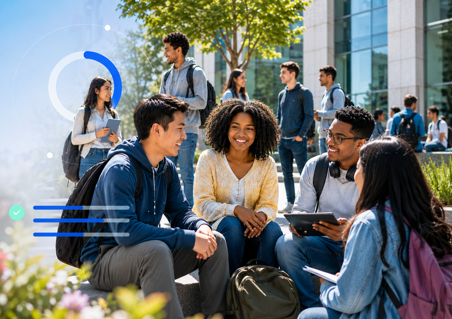 A diverse group of college students connecting on a sunny campus with subtle data and progress graphics representing engagement.
