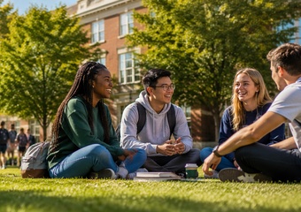 Diverse college students sitting together on a campus lawn while other students walk between academic buildings on a sunny day, representing student engagement and campus life.