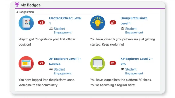 Screenshot of the Badge feature of Ready Education CampusGroups College Student Journeys & Incentives Software