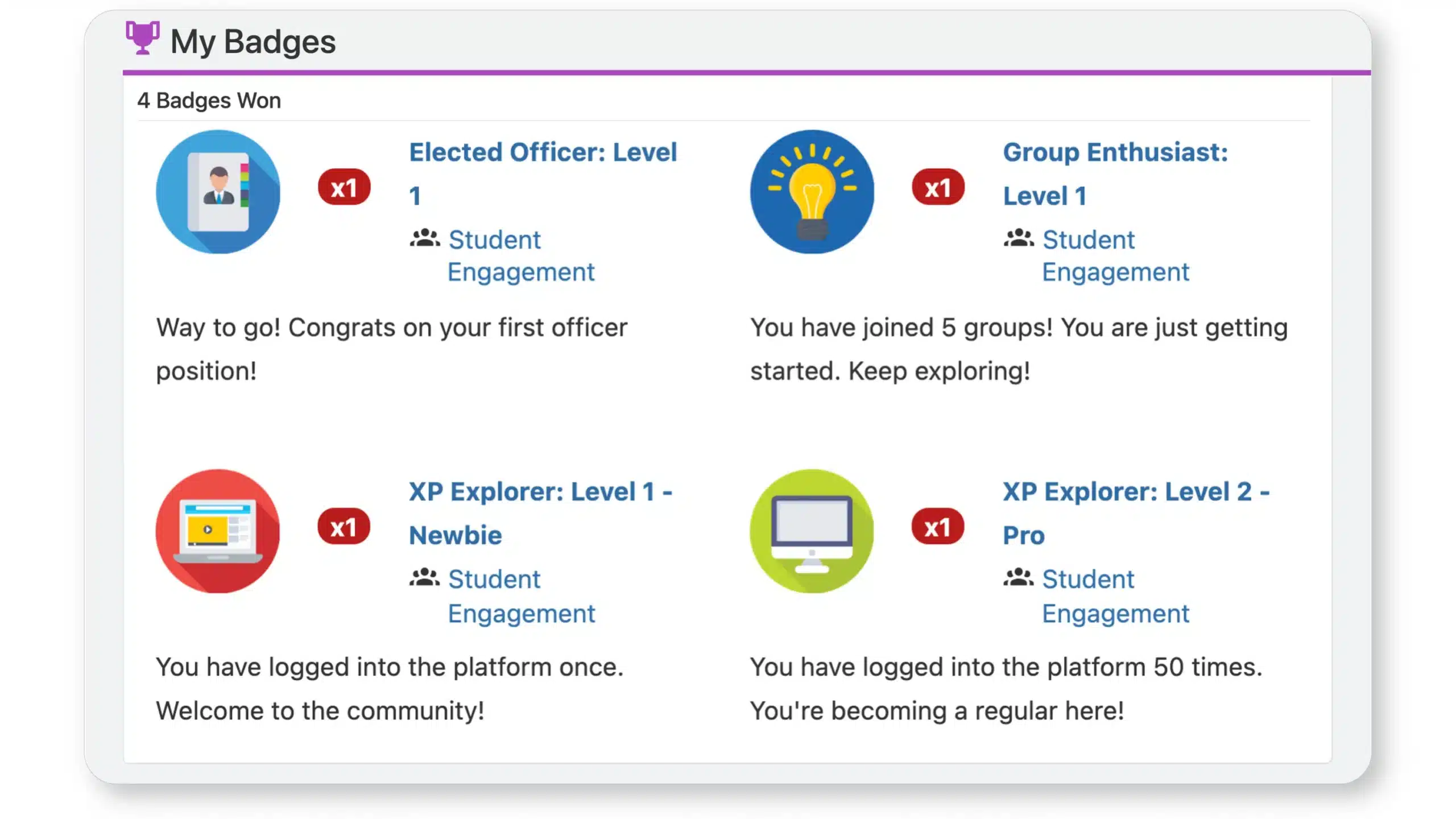 Screenshot of the Badge feature of Ready Education CampusGroups College Student Journeys & Incentives Software