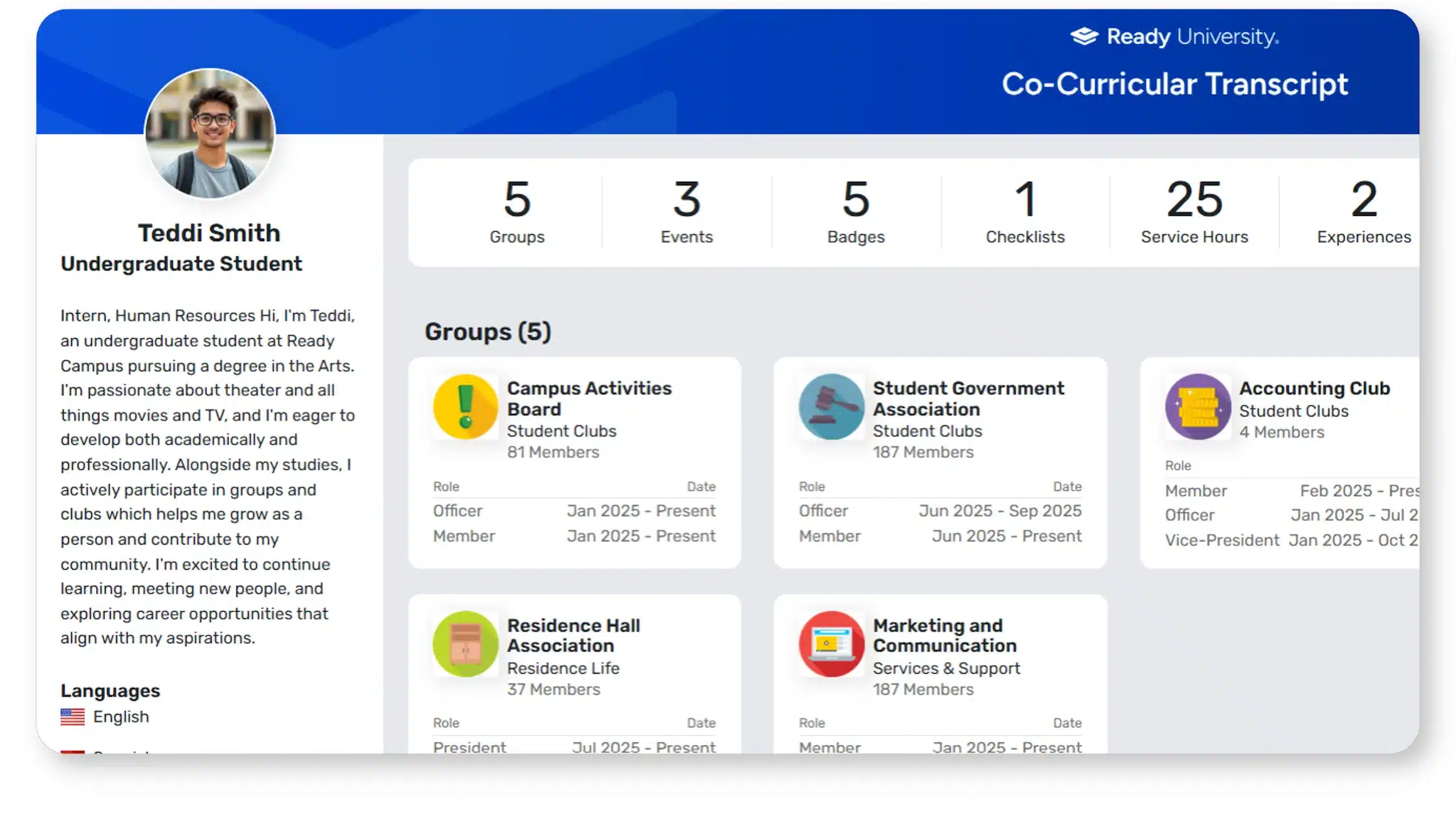 Screenshot of the College Student Journeys & Incentives Co-Curricular Transcript feature of Ready Education CampusGroups
