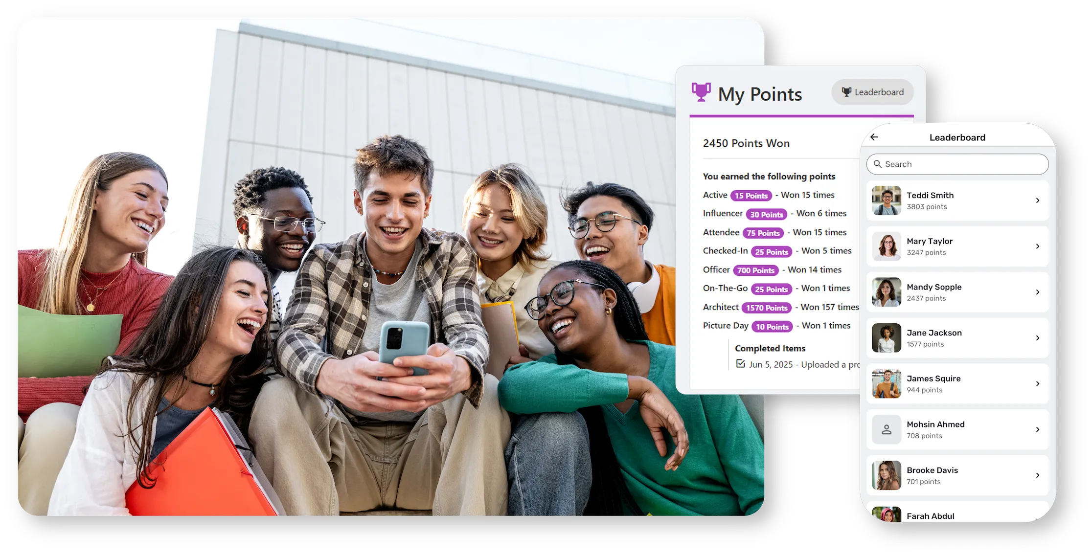 Photo of several college students looking at a smartphone screen, overlaid with a screenshot of the College Student Journeys & Incentives Badge feature of Ready Education CampusGroups