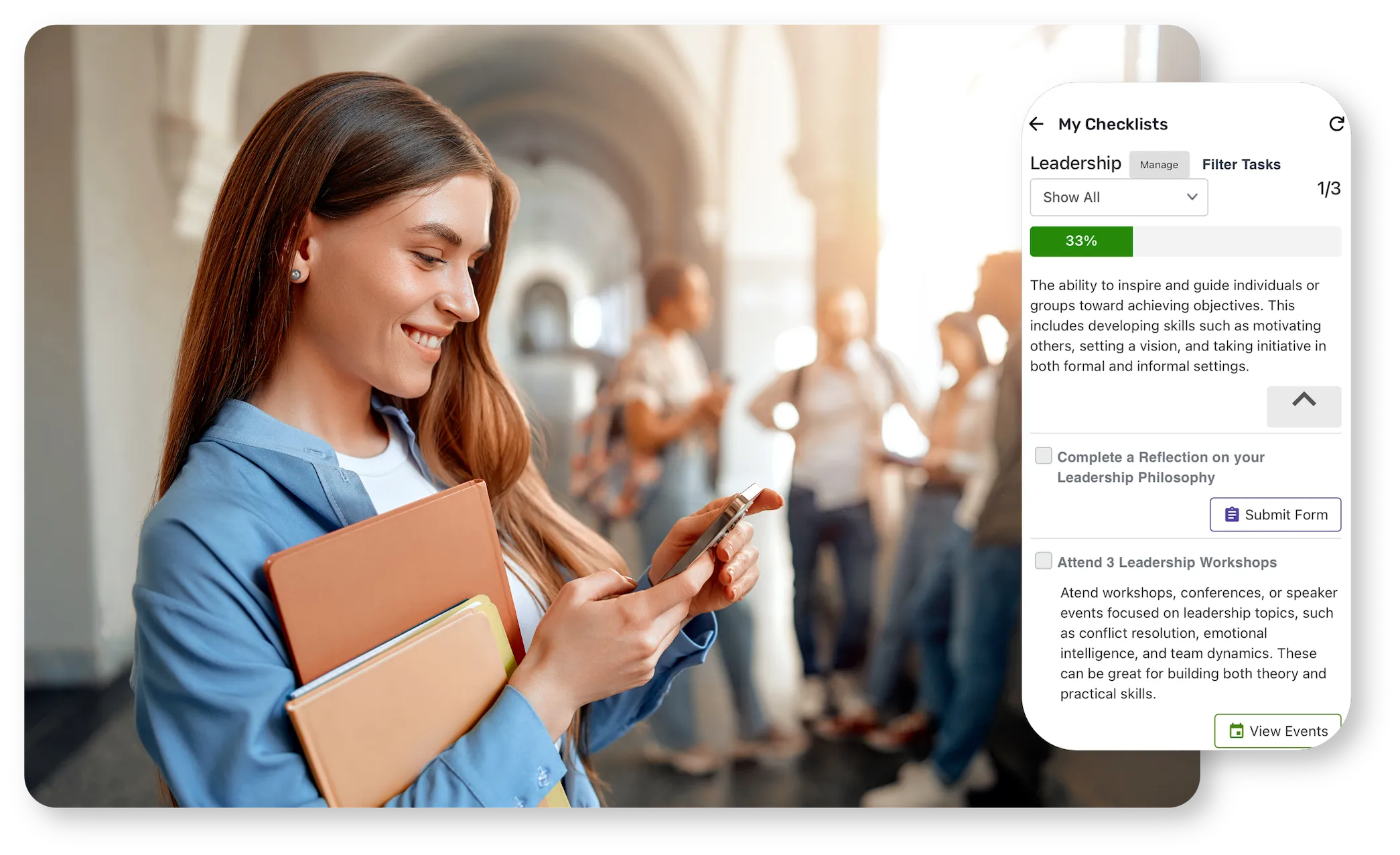 College student looking at her smartphone, overlaid with a mobile phone screenshot of the College Student Journeys & Incentives Tracks and Checklists feature of Ready Education CampusGroups