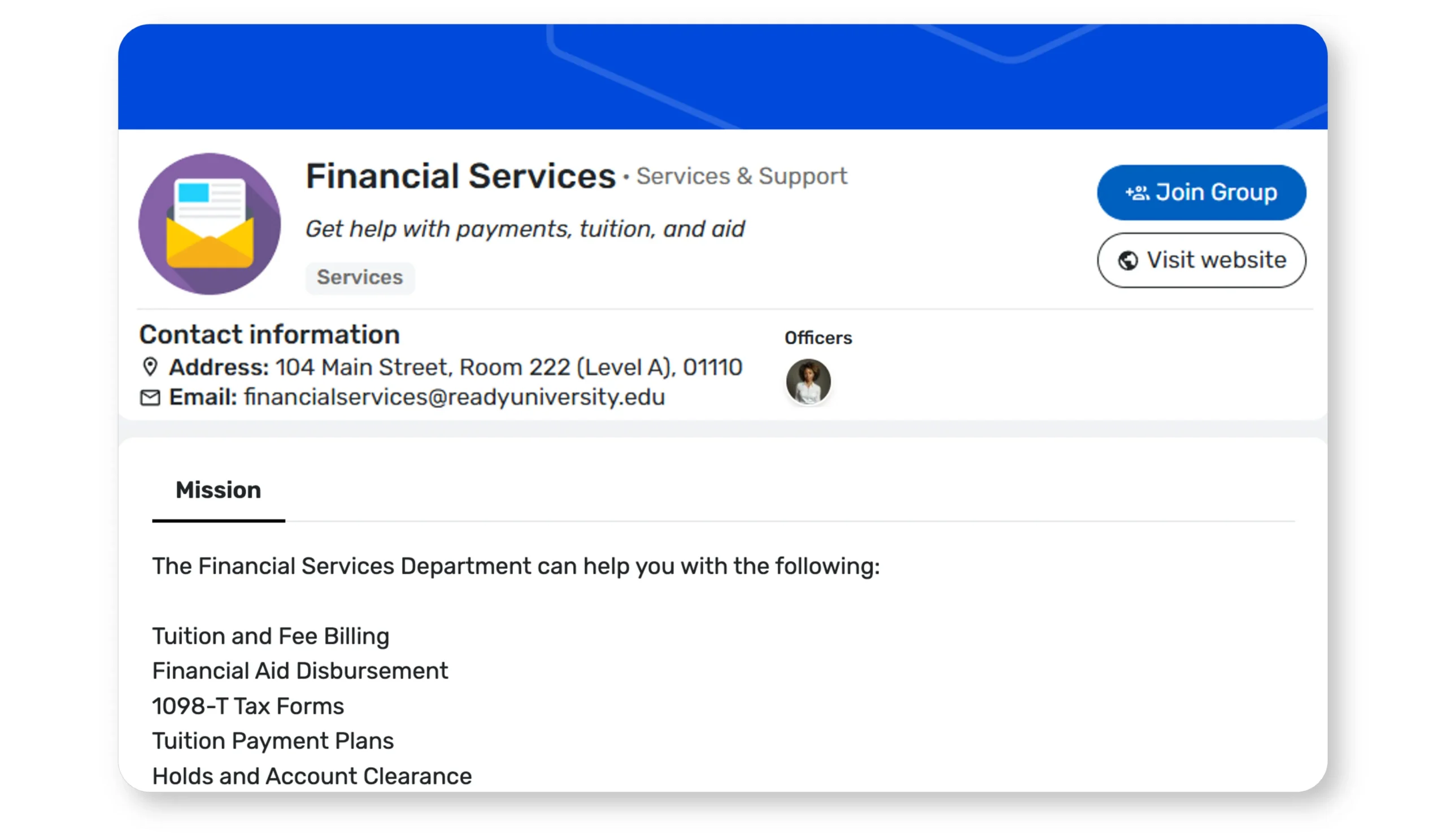 Screenshots of Ready Education CampusGroups Assistance Programs Features for Financial Assistance