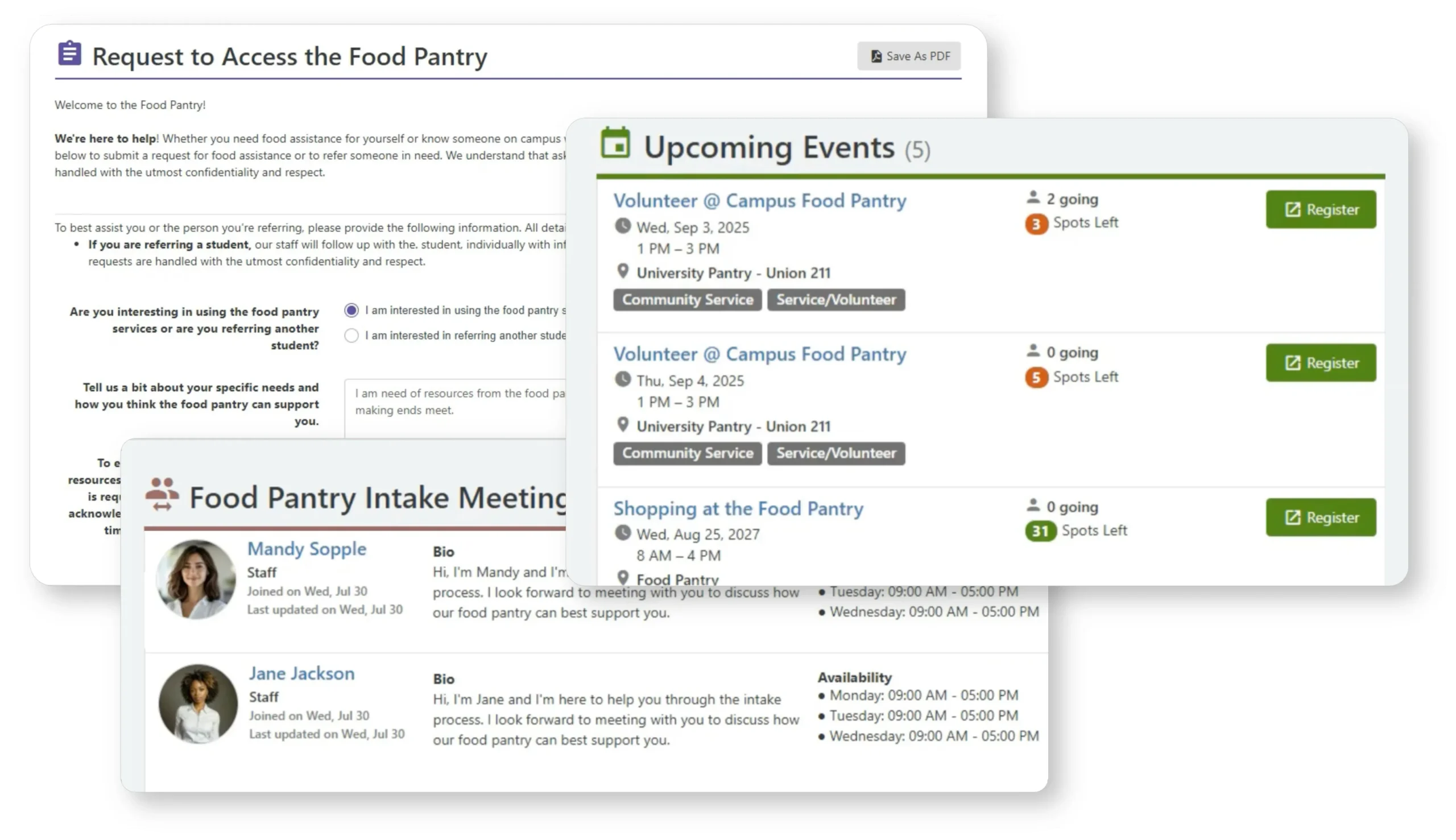 Screenshots of Ready Education CampusGroups Campus Table features