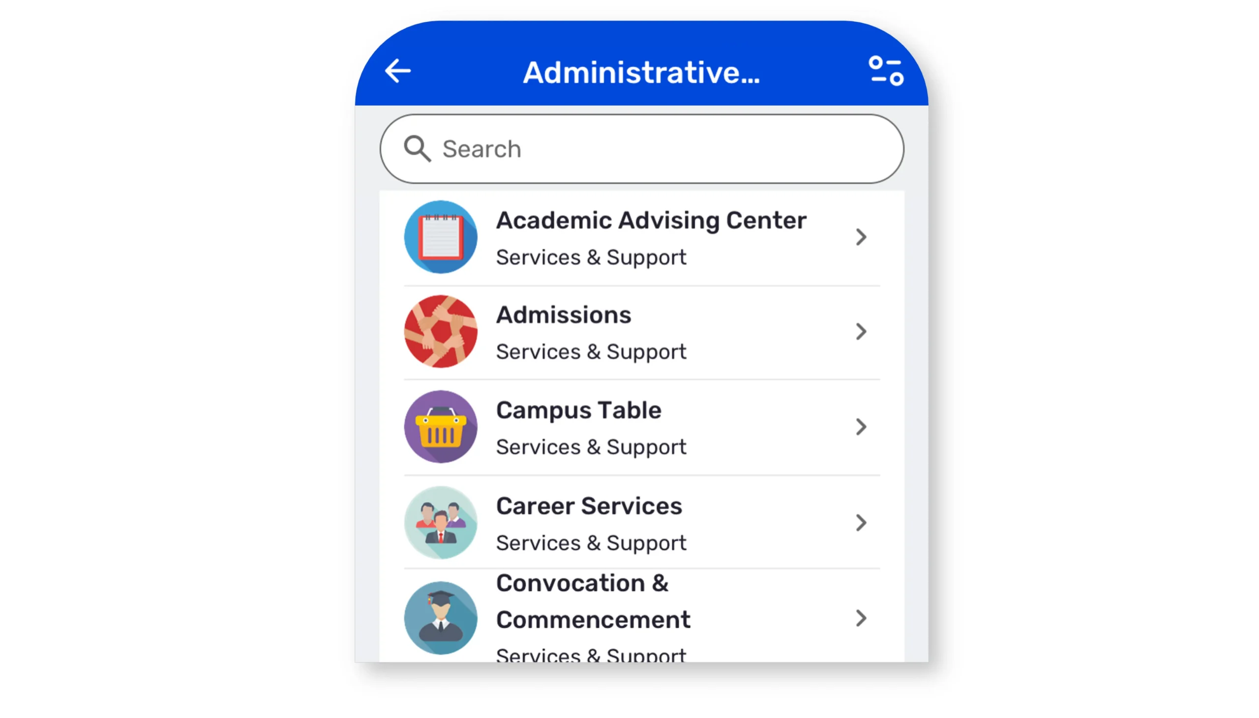 Screenshot of Ready Education CampusGroups Departments and Services
