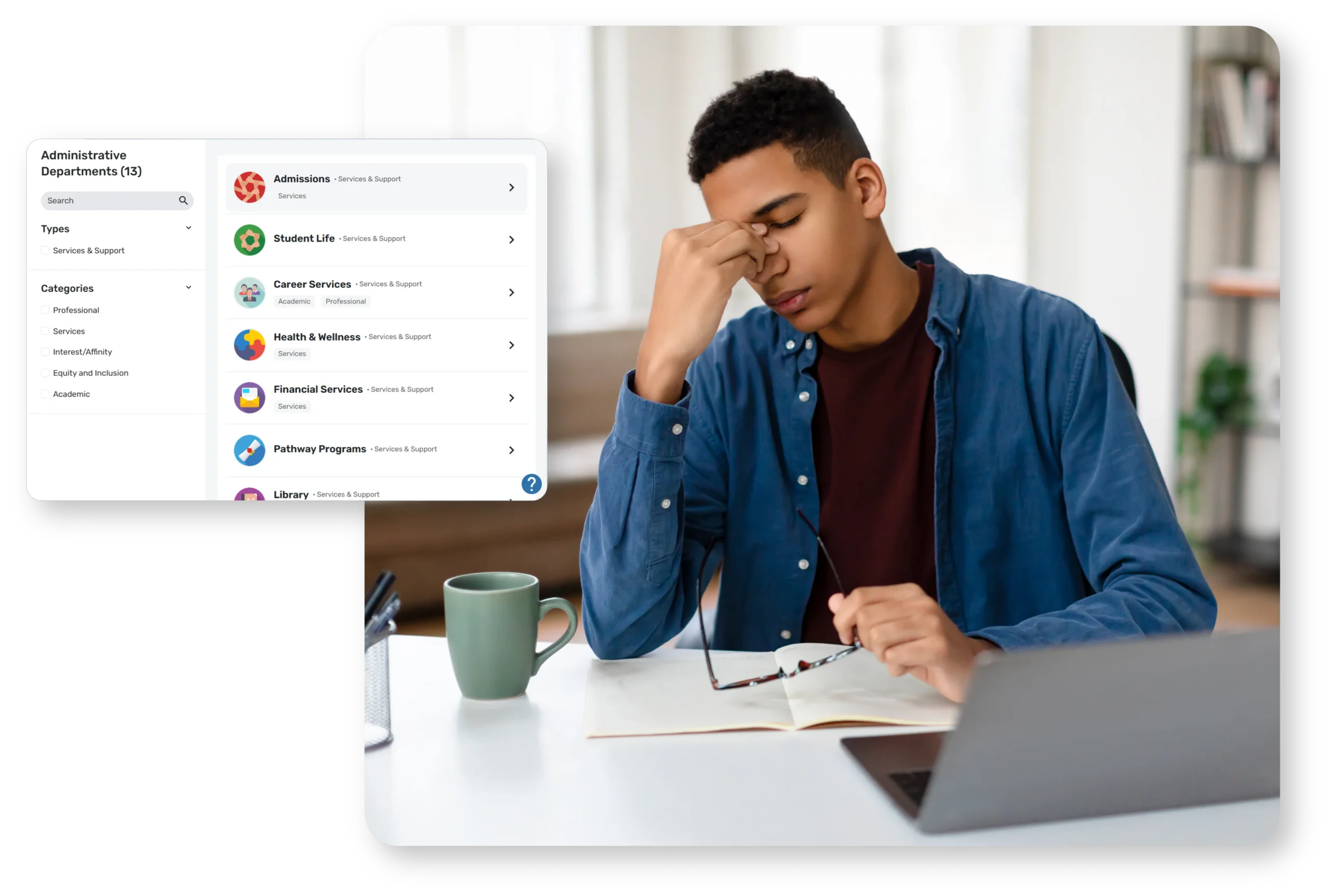 Frustrated college student overlaid with screenshot of Ready Education CampusGroups financial assistance features