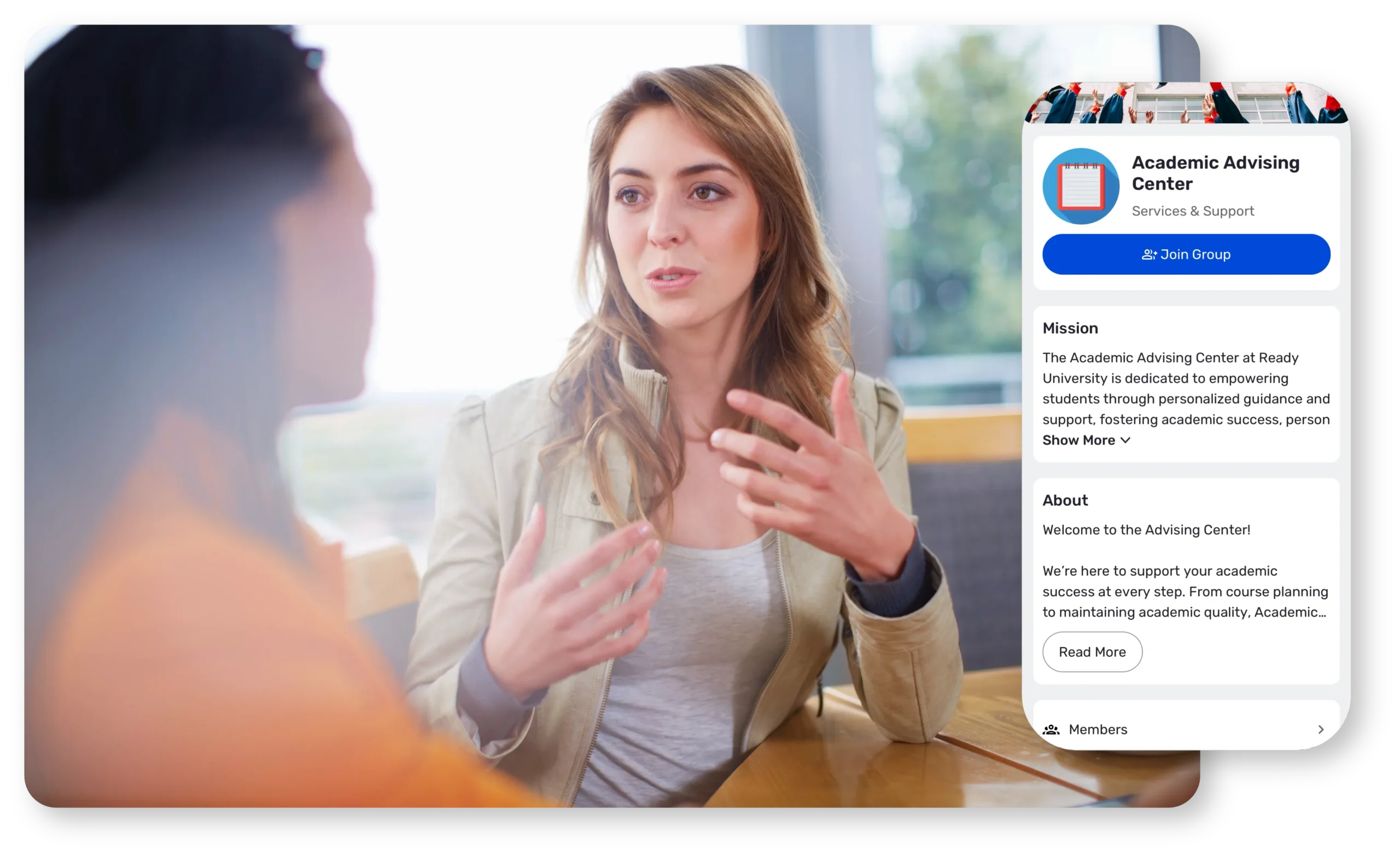 College advising session overlaid with screenshot of Ready Education CampusGroups service utilization features