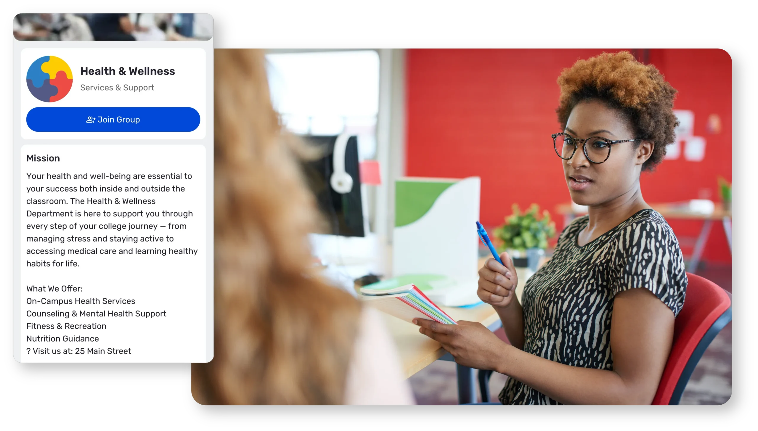 Person in advising session overlaid with screenshot of Ready Education CampusGroups student services discovery features